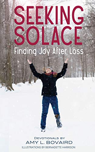Book cover of Seeking Solace. Amy Bovaird, author, is standing in snow field against a backdrop of trees holding her hands in the air