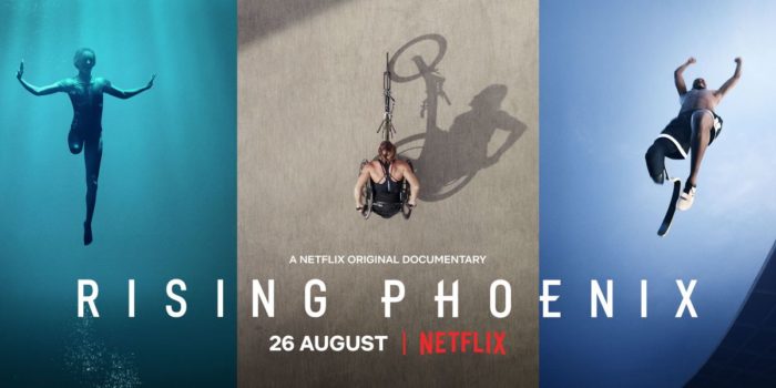 Rising Phoenix film from Netflix, image of 3 athletes with disabilities, silhouettes