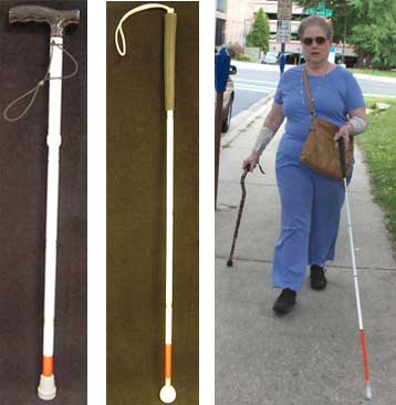 on left--pictures of white canes with red at end 
on right--woman using long white cane in left hand. and support cane in right hand