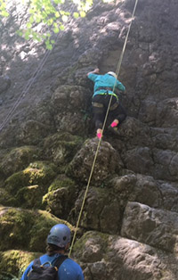 woman climbing rock wall