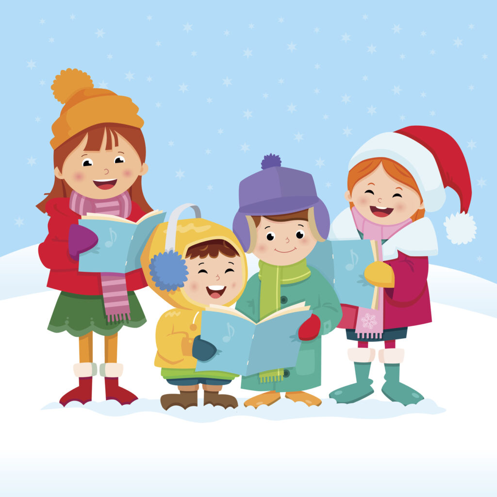 cartoon character kids singing carols