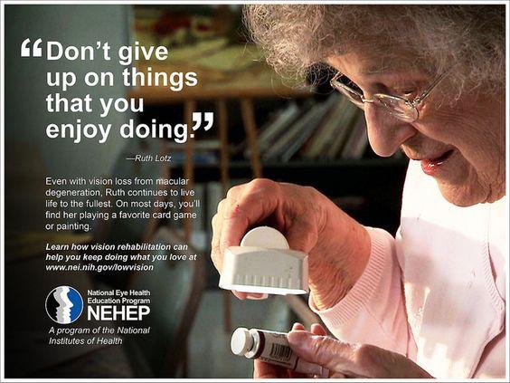 woman using lighted magnifier to read bottle. Image says "Don't give up on things that you enjoy doing." Learn how vision rehabilitation can help you keep doing what you love at www.nei,gov/lowvision." from NEHEP