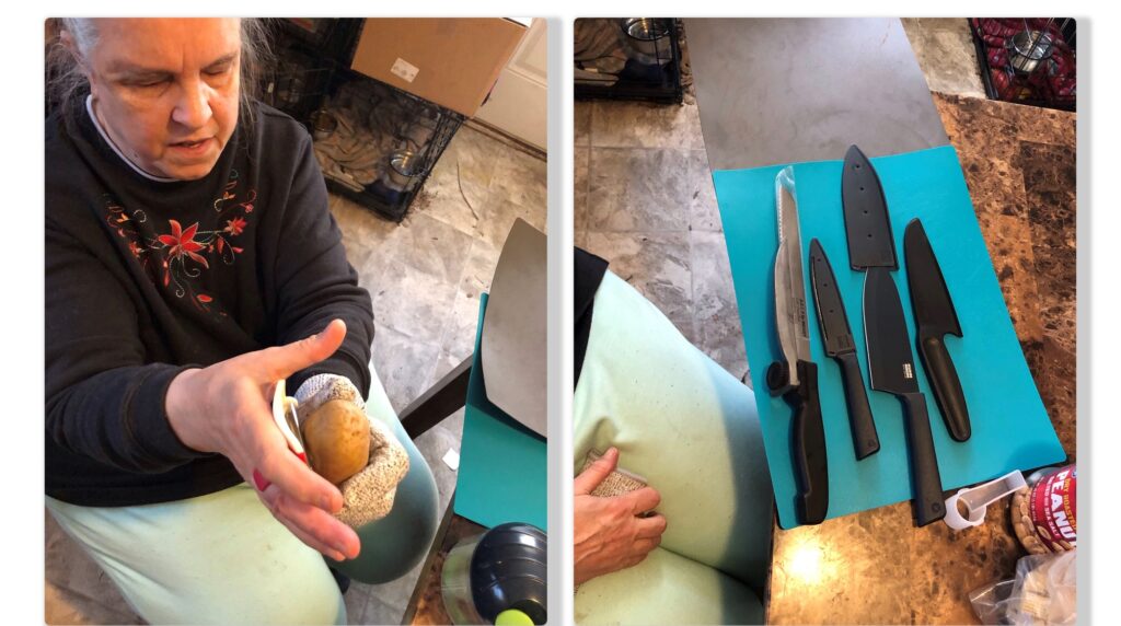 On left, Jeannie wears butcher's glove on left hand and holds potato while she uses palm peeler in right hand. On the right, a row of knives are laid out on a blue cutting board. Above the blue board is a gray board to indicate contrast.