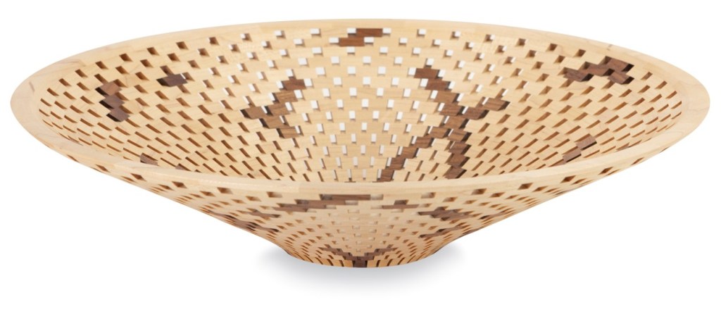 round, wooden latticed bowl with light and dark wood