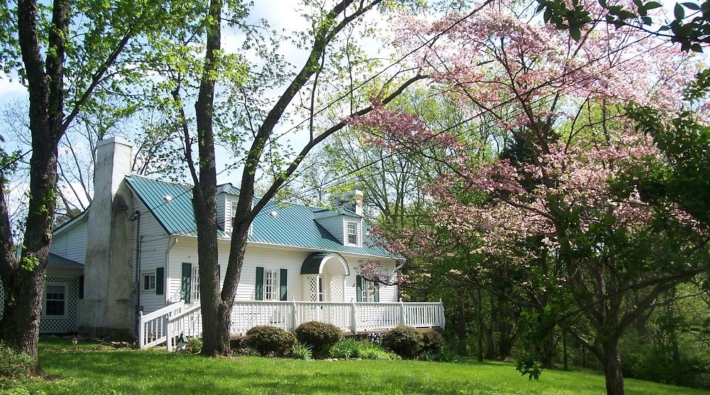 House with dogwood tree blooming in the spring