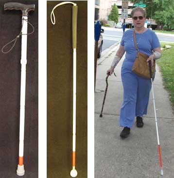 A person walking on a sidewalk using white cane and support cane; picture of types of white canes

