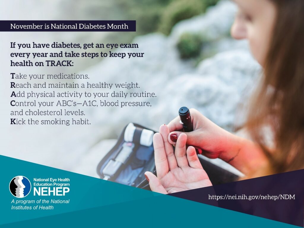 person pricking finger to take blood sugar' text: take your meds, maintain healthy weight, add physical activity daily, contol A1C, blood pressure and cholestrol, don't smoke. Infographic provided by NEHEP. https://nei.nih.gov/nehep/ndm