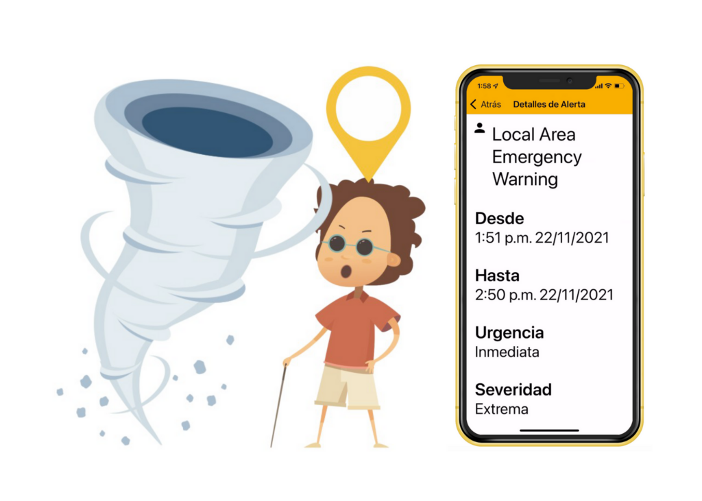 Cartoon of tornado, a person with dark glasses and cane and a cell phone that has the message - Local Area Emergency Warning. Desde 1:51 p.m. 22/11/2021 Hasta 2:50 p.m. 22/11/2021 Urgencia Inmediata. Severidad Extrema