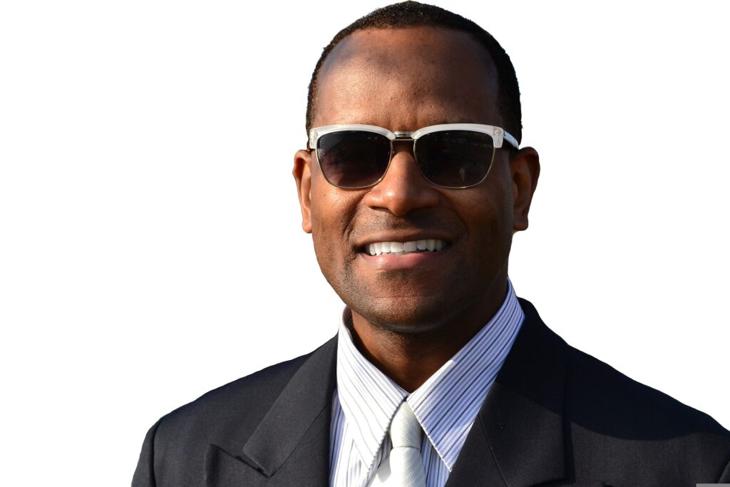 Adult wearing suitable work attire for business: dark glasses, suit, tie, dress shirt