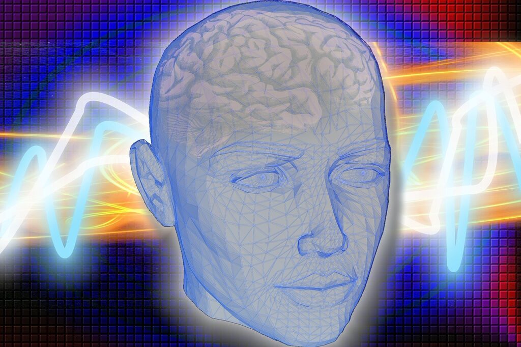 Lined photo of human face design diagrammed with triangles and transparent to view the human brain