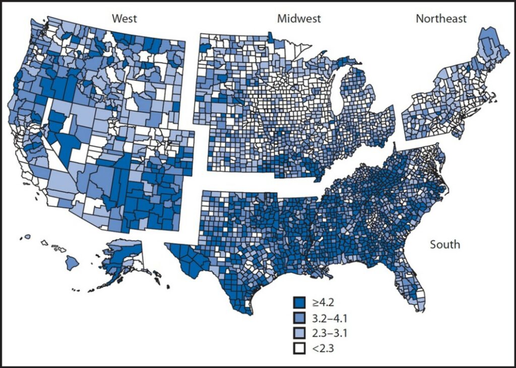 shows west, midwest, northeast, and south areas of the US with percentages of people over 18 by county color coded to indicate low to high percentages. percentages range from less than 2.3% to more than 4.2%